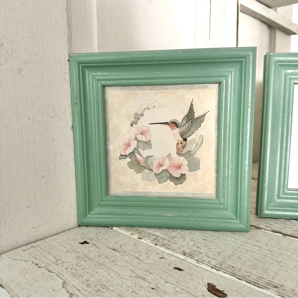 Pair Hummingbird Floral Watercolor Style Vintage Prints Seafoam Framed Wall Art